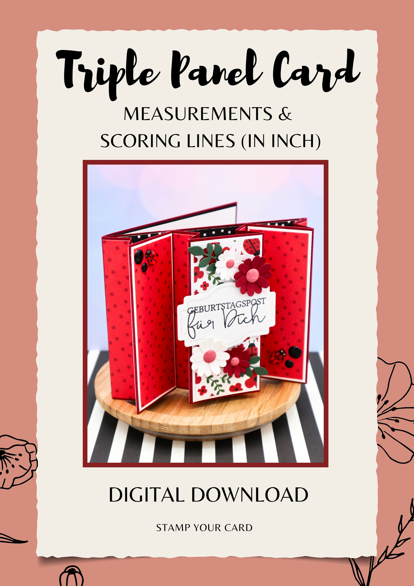 Triple Panel Card - measurements & scoring lines in INCH (PDF-Download) ENGLISH