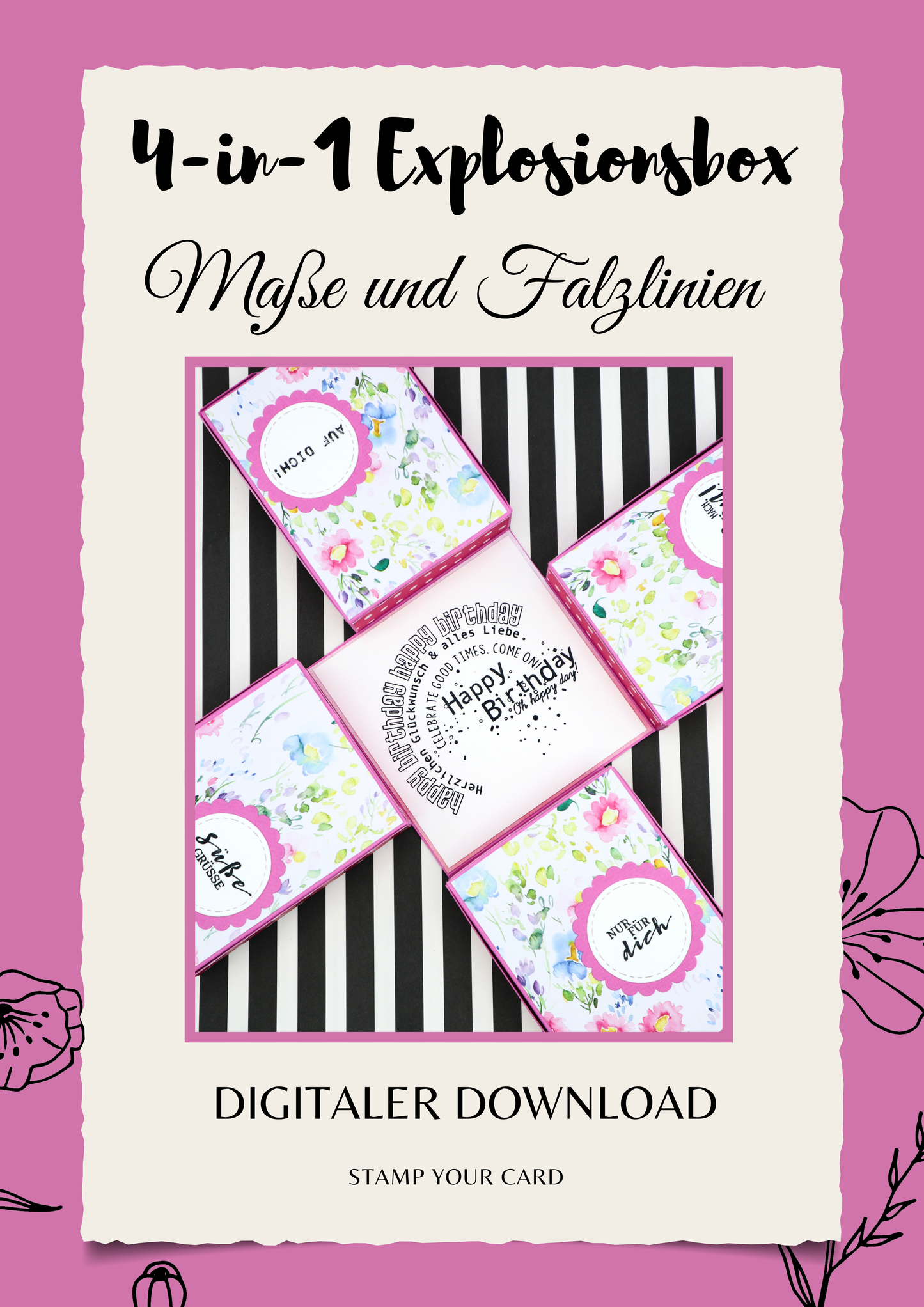 4-in-1 Explosionsbox - Maße & Falzlinien in CM Angaben (PDF-Download) DEUTSCH