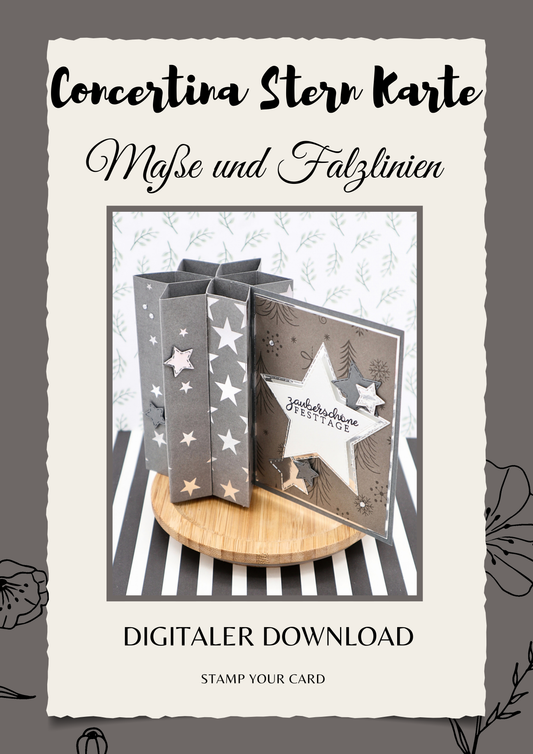 Concertina Stern Karte - Maße & Falzlinien in CM Angaben (PDF-Download) DEUTSCH