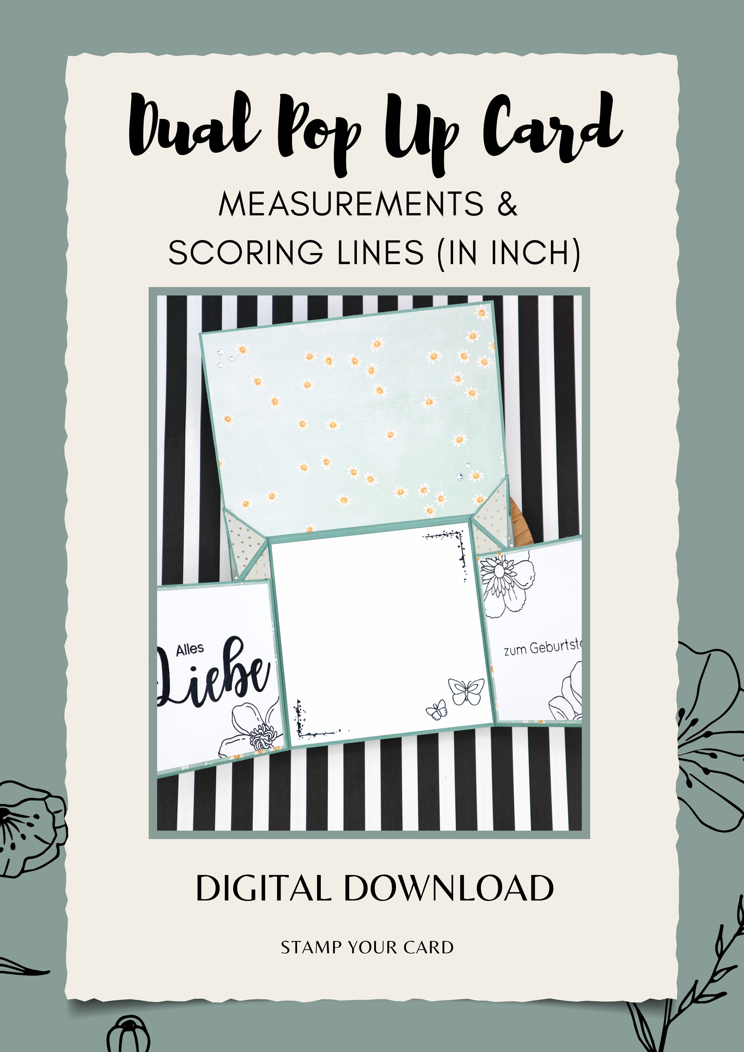 Dual Pop Up Card - measurements & scoring lines in INCH (PDF-Download) ENGLISH