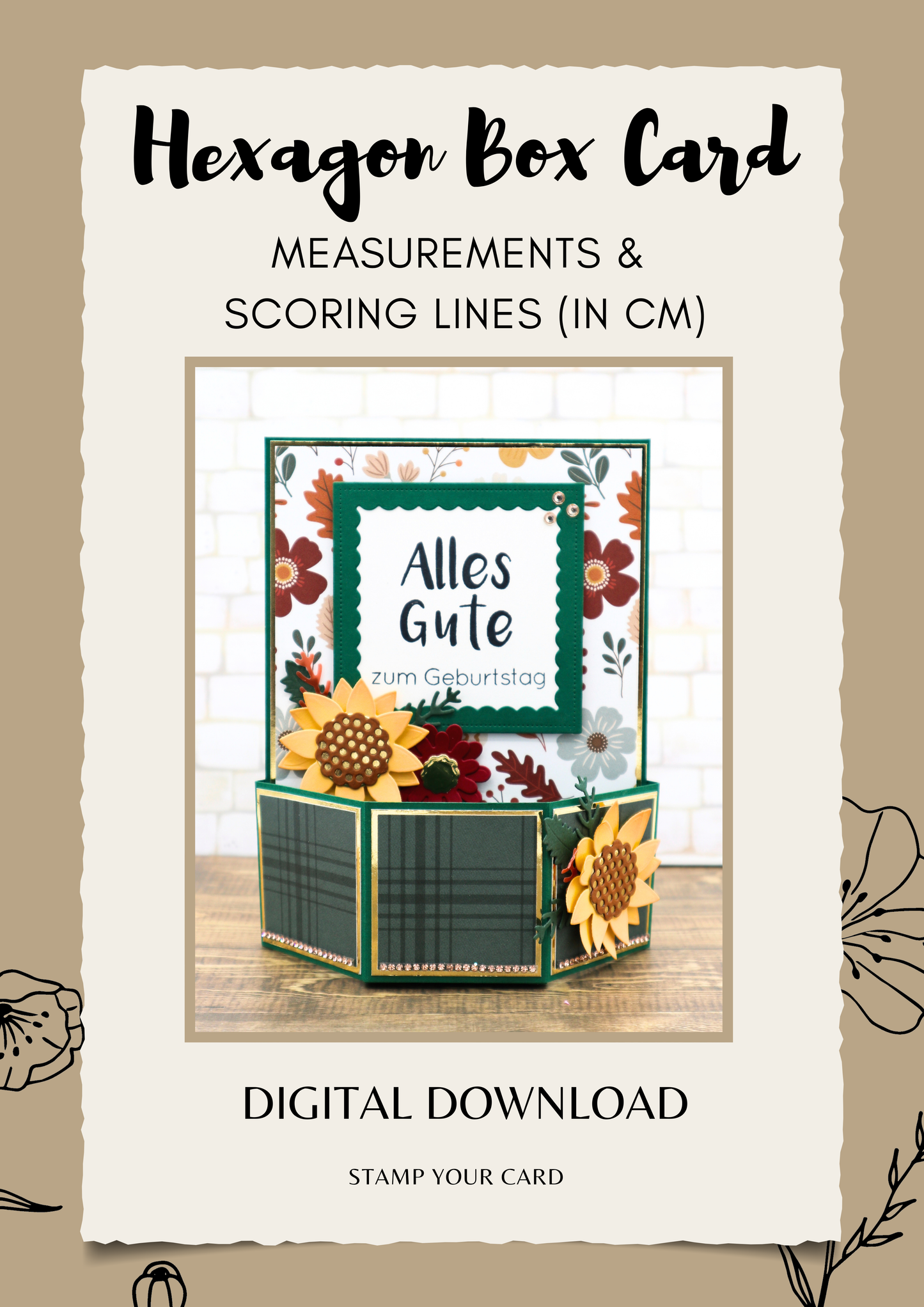 Hexagon Box Card - measurements & scoring lines in CM (PDF-Download) ENGLISH