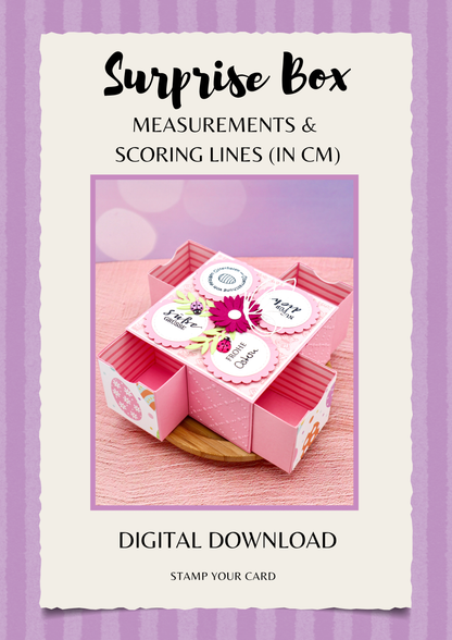 Surprise Box - measurements & scoring lines in CM (PDF-Download) ENGLISH