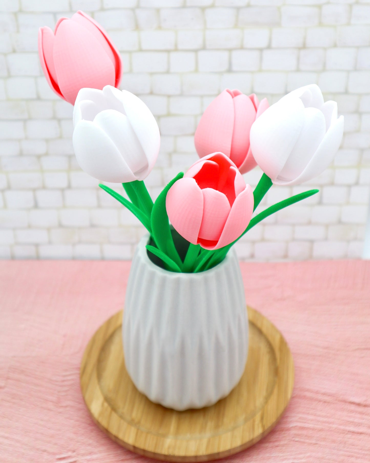 3D gedruckte Tulpen – 5er Set in Rosa & Weiß (ohne Vase)