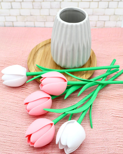 3D gedruckte Tulpen – 5er Set in Rosa & Weiß (ohne Vase)